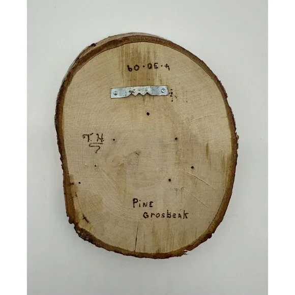 Red Bird Wall Hanging Picture Handmade Signed Live Edge Wood Oval Pine Grosbeak - Picture 7 of 9